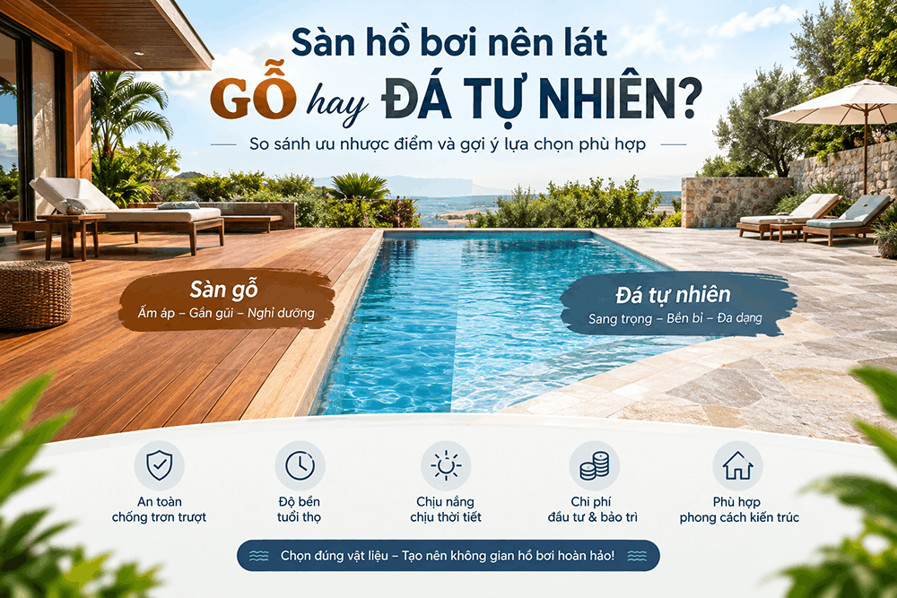 sàn hồ bơi nên lát gỗ hay đá tự nhiên